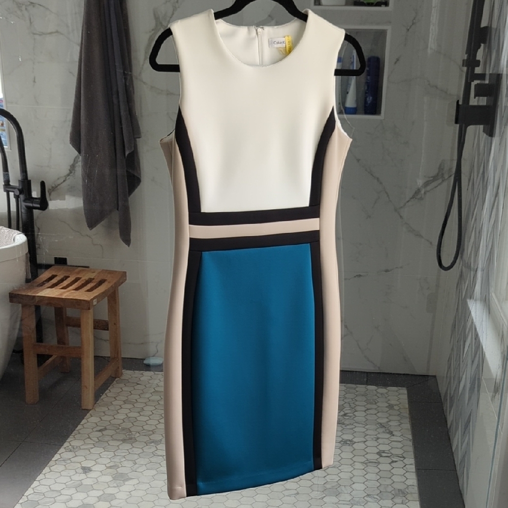 Calvin Klein Cream and Black Sheath Midi Dress